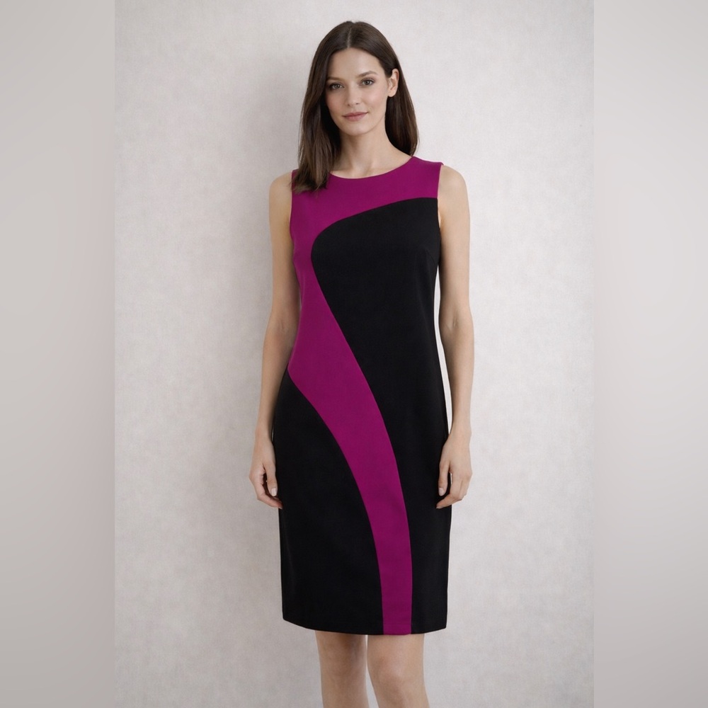 SANDRA DARREN MAGENTA PINK & BLACK SWIRL SLEEVELESS MODETTE DRESS size 10